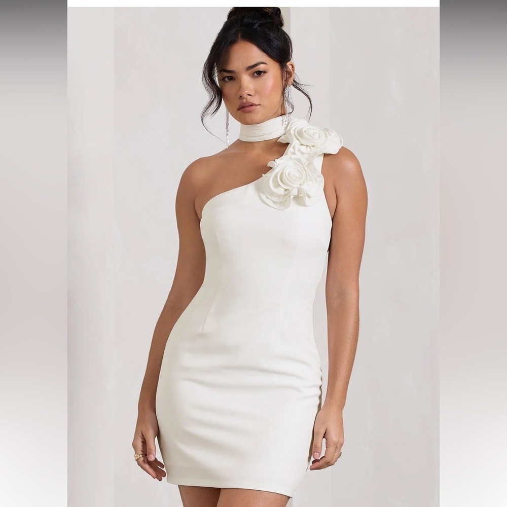 Club L London One-Shoulder White Floral Detail Bodycon Dress
